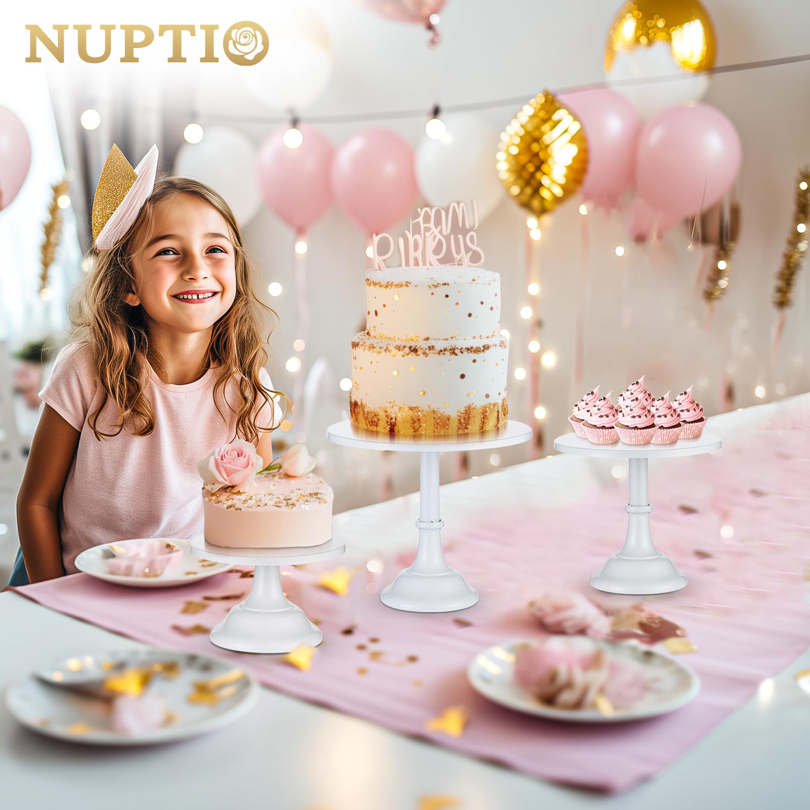 NUPTIO Présentoirs à Gâteau 3 Pièces Rond: Métal Support à Gâteau 3 Niveaux Blanc Plateaux Doré Brossé Desserts Simple Design