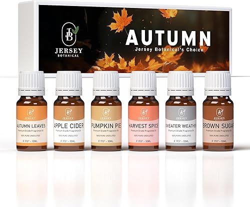 Juego de regalo de otoño de 6 aceites aromáticos de 0.3 fl oz para velas, jabón, limo, difusores de aceites esenciales, hojas de otoño, sidra de
