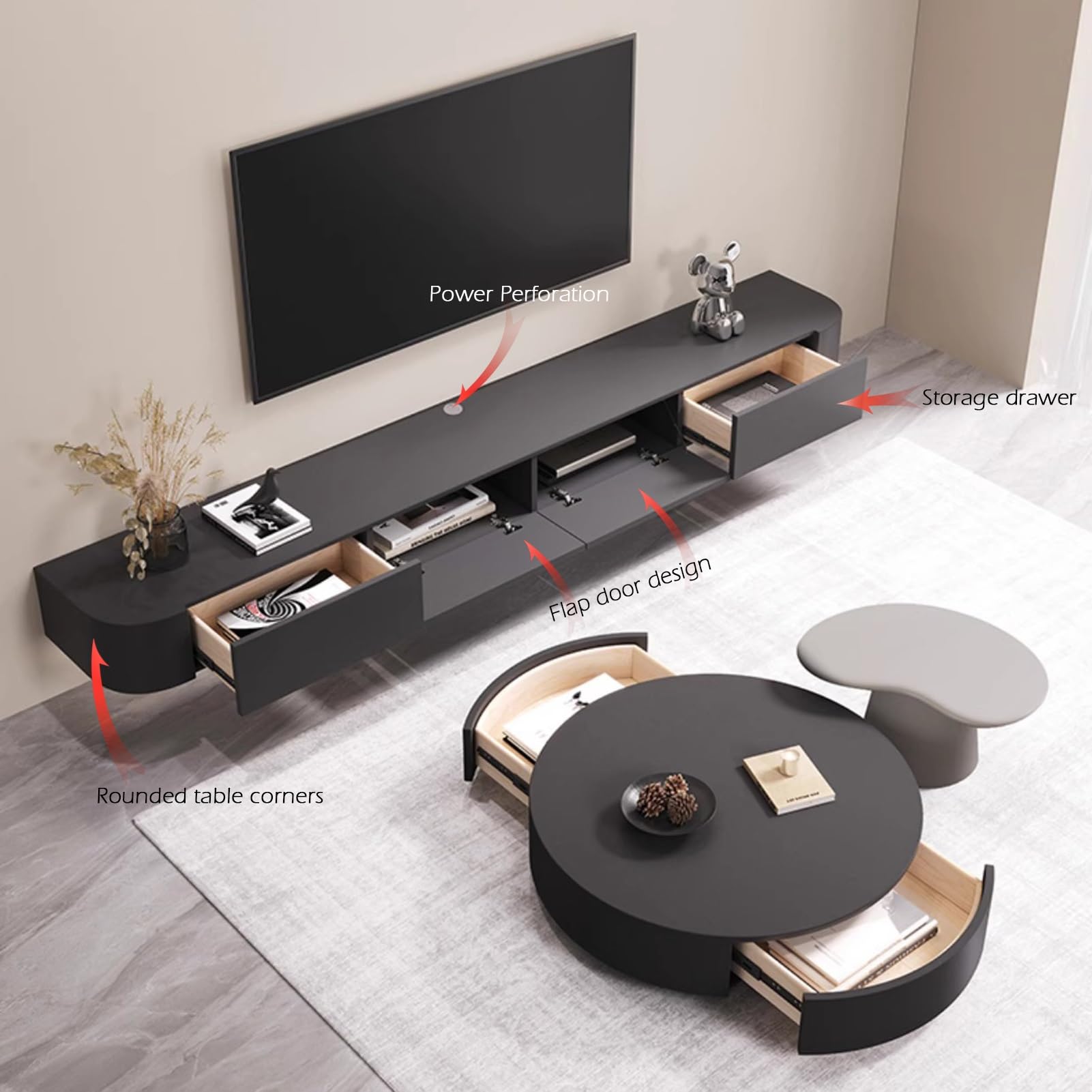 Mobile TV sospeso in legno con console portaoggetti, moderno mobile per intrattenimento con 3/4 ripiani