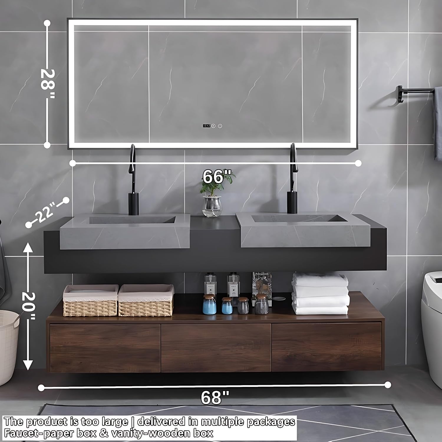 Modern Bathroom Vanity with Sink - Wall Mounted Double Sink Bathroom Vanity Cabinet & Smart Defog Mirror Set, Elegant Sintered Stone Top Floating Vanity with Ample Storage (68")