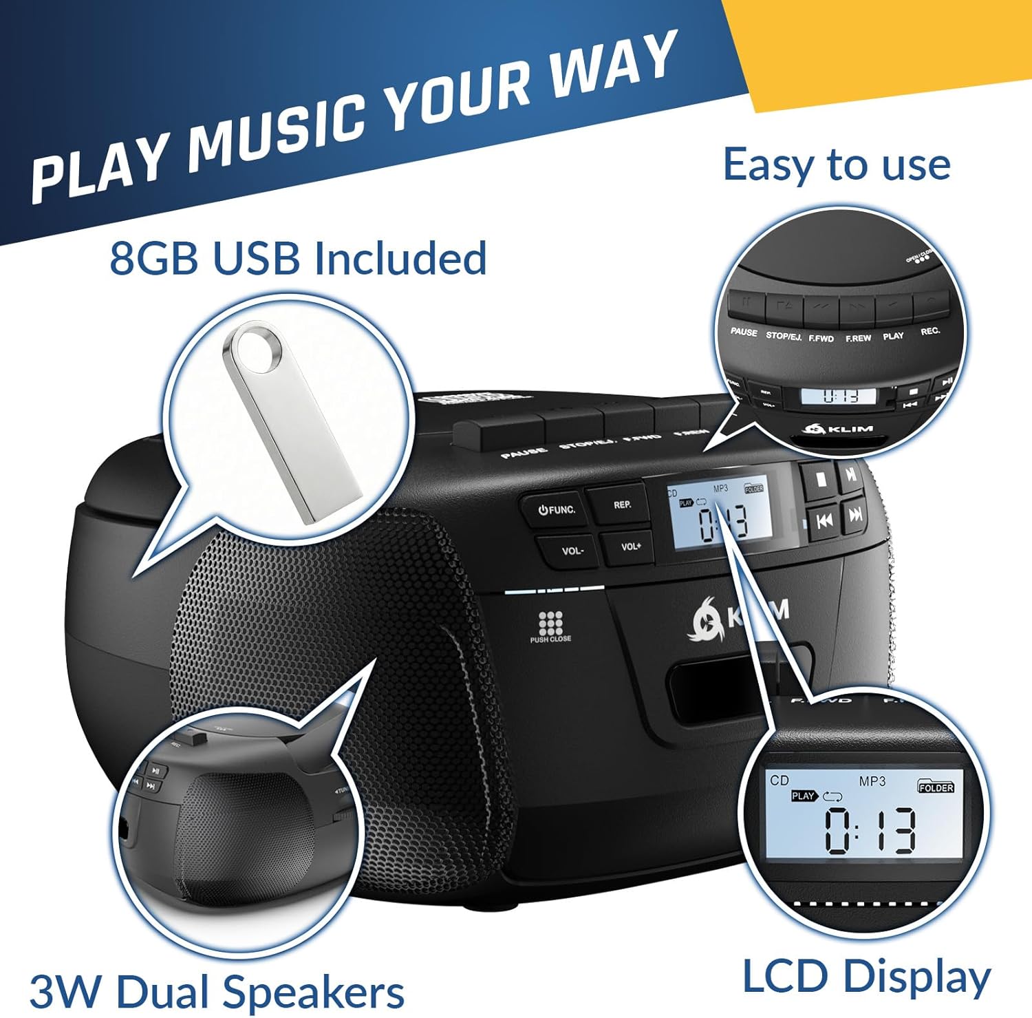 KLIM CD Player & Cassette Tape Player with Case, Bluetooth Boombox, AM/FM Radio, Stereo Sound, Remote, CD and Cassette Combo, Tape Recording, USB Drive, AUX, AC/DC Powered