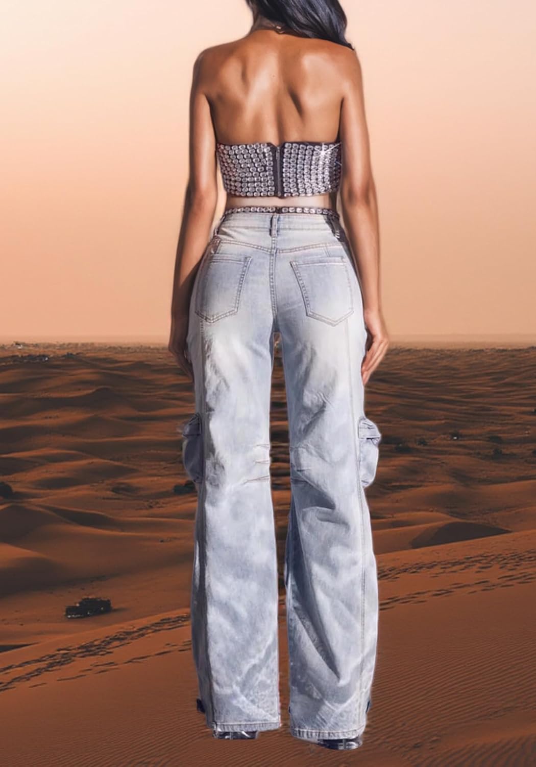 LKOUS Women's Y2K Baggy Straight Wide Leg Cargo Jeans, Streetwear High Waisted Denim Pant - Image 2