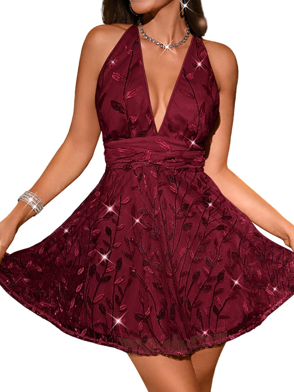 ShawGobow Floral Sequin Dress,Deep V Backless Sexy Mini Dresses for Women,Sparkly Outfits Homecoming Party