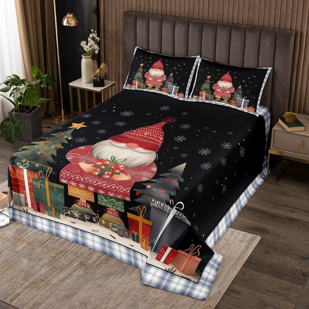 Xmas Theme Bedspread Set Queen Size for Kids,Boys Girls Christmas Gnomes Quilt Set Santa Claus Bedspread Coverlet Snowflake Bedspread 3 Piece Decorative Bedding Quilted with 2 Pillow Shams