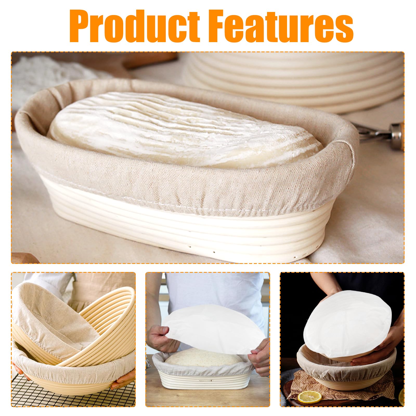 4 + 2 Pezzi 25 Cm Cestino Lievitazione Pane & 28 Cm Coperchio per Lievitazione del Pane, Inserto in Lino per Cestini di Lievitaziones per Di Cucina, Cottura in Casa