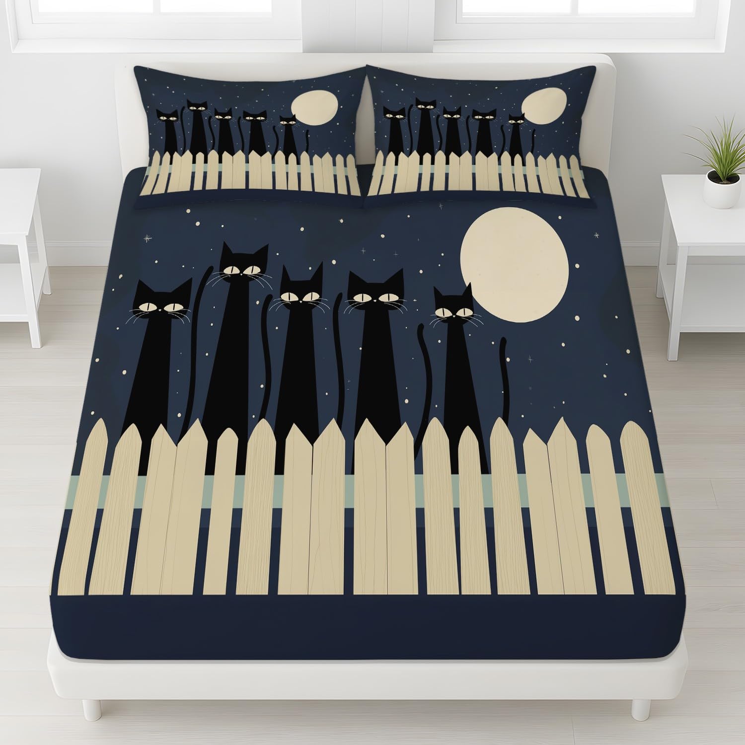 Juego de sábanas bajeras de dibujos animados con diseño de gato negro y luna y cielo estrellado, 30 cm de profundidad, microfibra transpirable, para decoración de habitación de niños y adolescentes