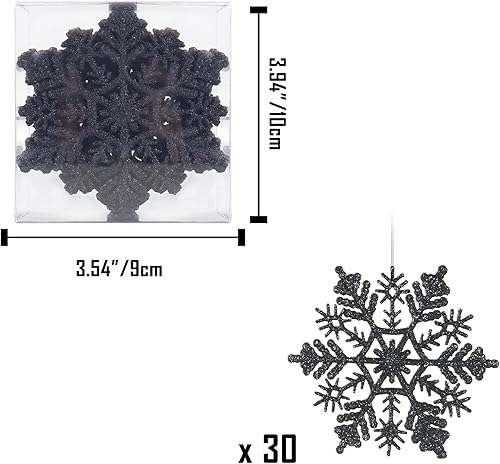 Miniatura 5 de Adornos de copos de nieve de plástico con purpurina de 4 pulgadas (30 unidades, negro)