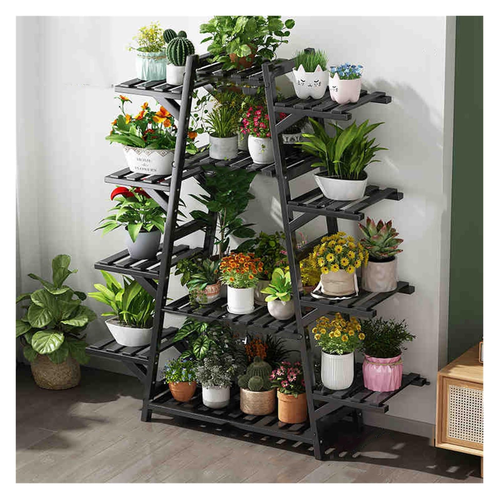 Étagère à Plantes élégante à 6 Niveaux en Bois Massif - Étagère à Fleurs résistante pour l'intérieur et l'extérieur, idéale pour Le Jardin et la Cour - Design Noir élégant, Solution de décor