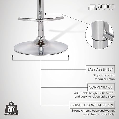 Vista 26 de Armen Living Taburete de bar ajustable giratorio de mariposa en piel sintética gris y acabado de madera de nogal