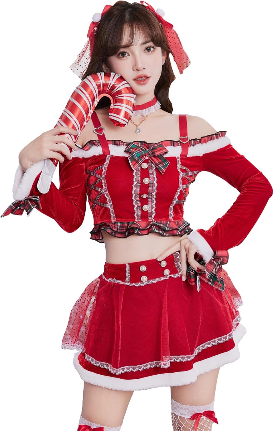 [Malymoon] コスプレ サンタ オフショル サンタコス アイドル 姫宮まほれ チェック柄 セットアップ ニ...