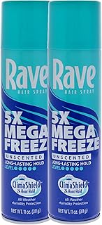 Rave 5X Mega Freeze Unscented Aerosol Hairspray by Rave - Heat Protection, Long Lasting Firm Hold - Minimizes Frizz and Static - 2 pc