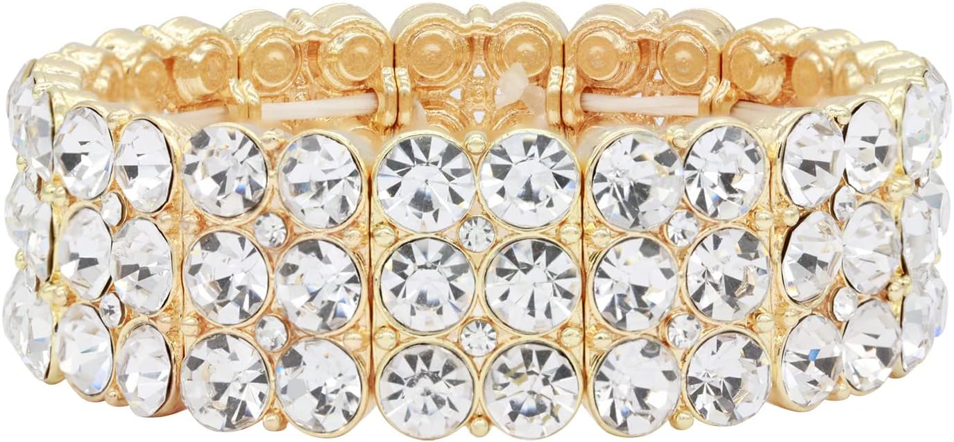 Lavencious Round Shape Rhinestone 3 Lines Stretch Bracelet Evening Party Jewelry 7” - Image 3