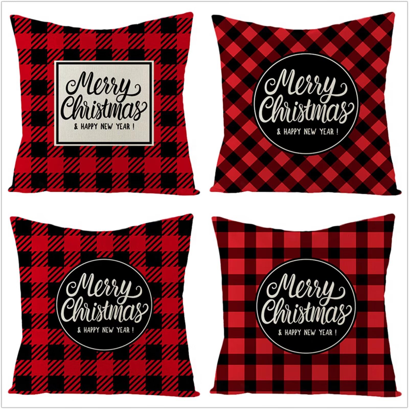 Fundas Cojines 70x70cm,Juego de 4 Fundas de Cojines Modernas Terciopelo Decorativa Hogar Almohadas Fundas para Sala Sofá Cama Decoración para Hogar Tela Escocesa roja Negra