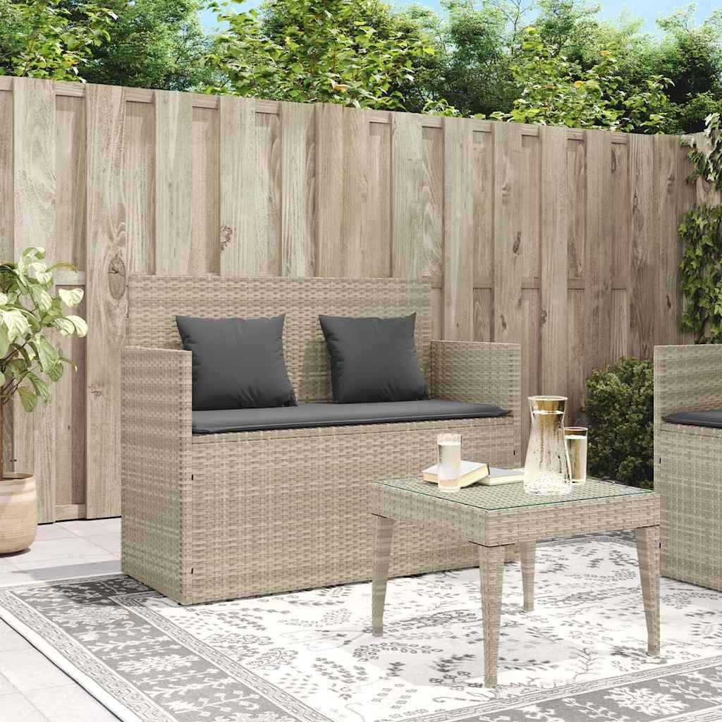 Banc de Jardin avec Coussins Gris Clair en résine tressée, mobilier extérieur avec Coffre de Rangement, Assise Confortable pour terrasse, Balcon ou Patio