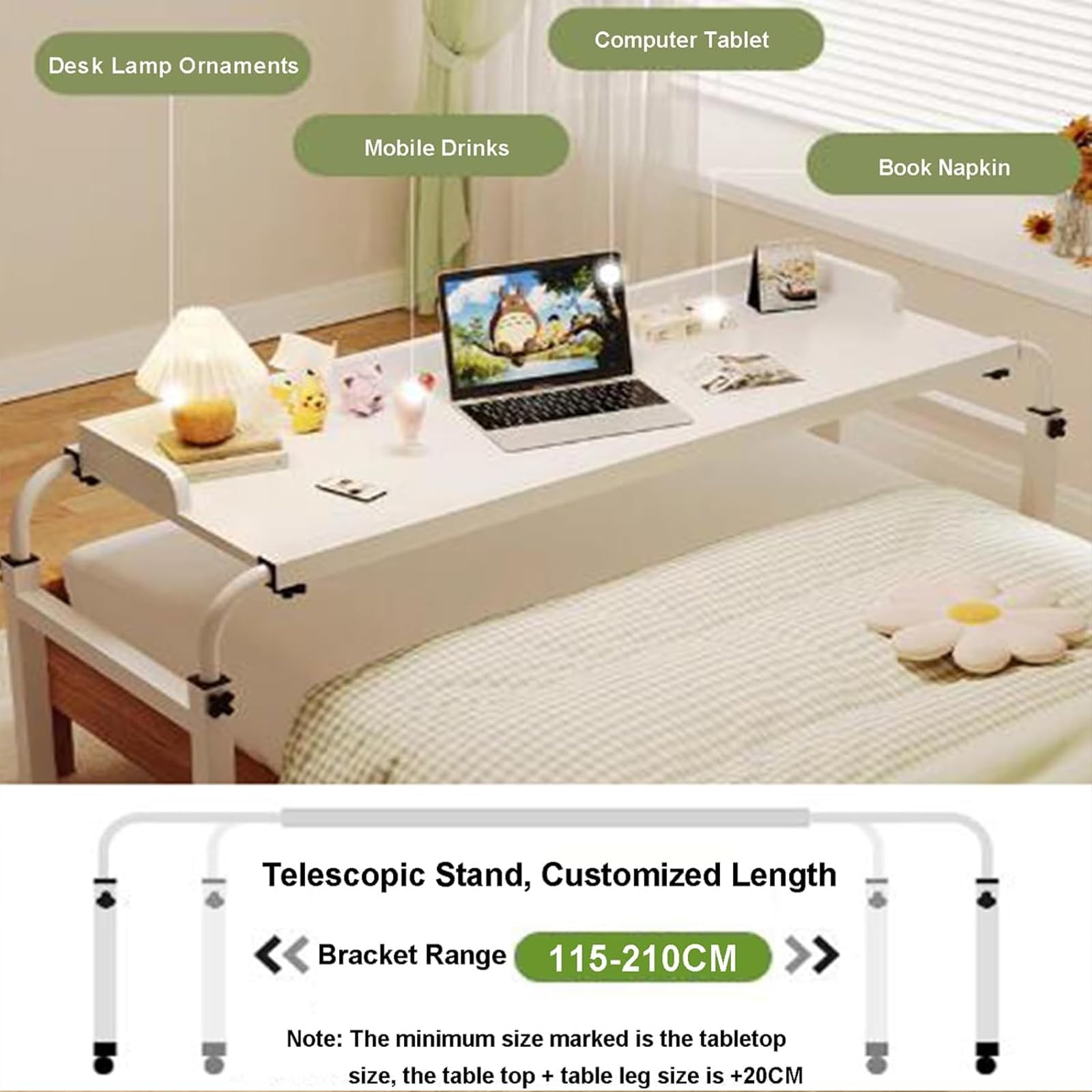 Tavolino da Letto Regolabile in Altezza con Ruote - Supporto per Laptop per Lavoro da casa, postazione Computer, Supporto per la Zona Pranzo