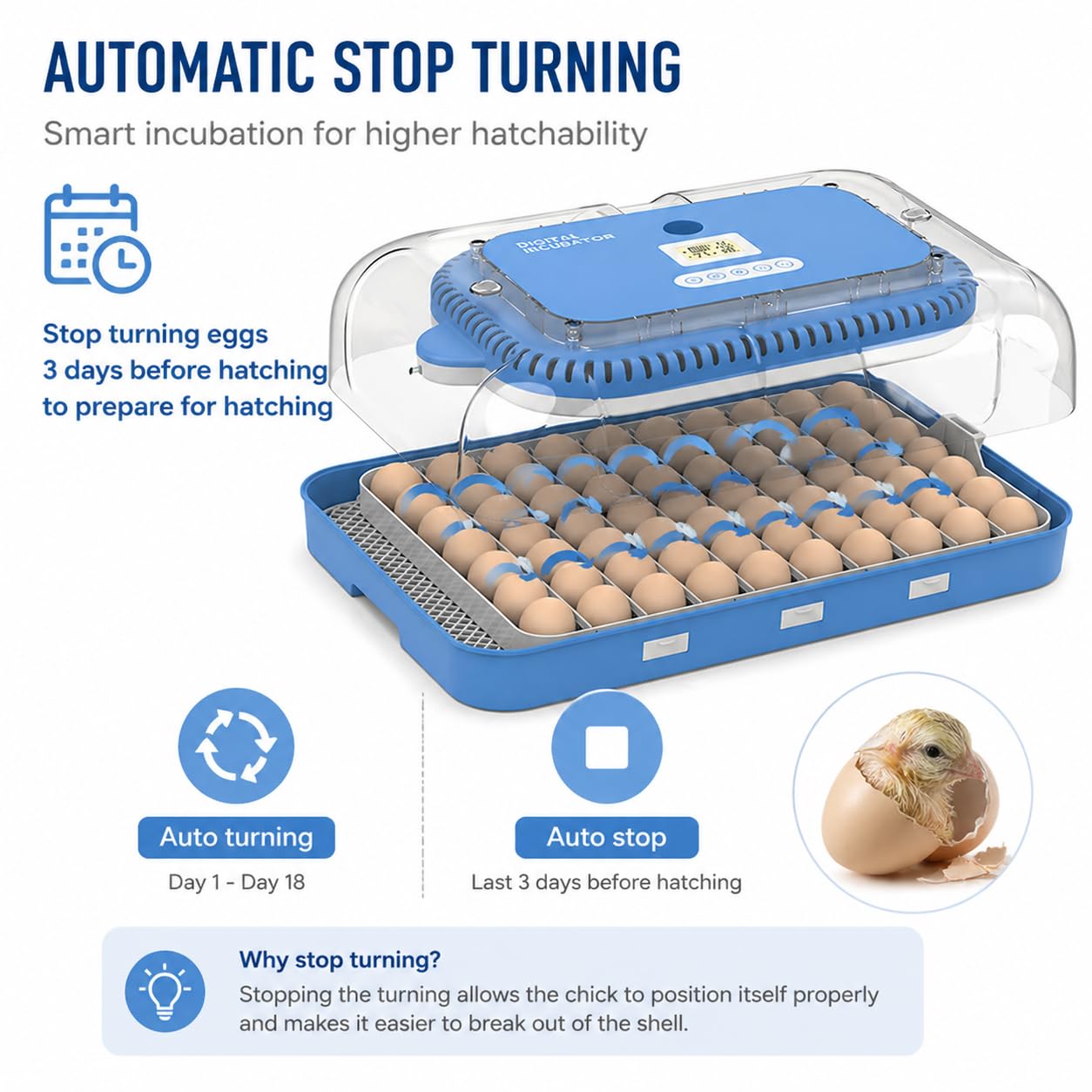 70 Egg Incubator for Hatching Eggs withAuto Turn, Temp & Humidity Control, Built-in CandleLarge Capacity Egg Incubator for Chicken Duck Goose Eggs