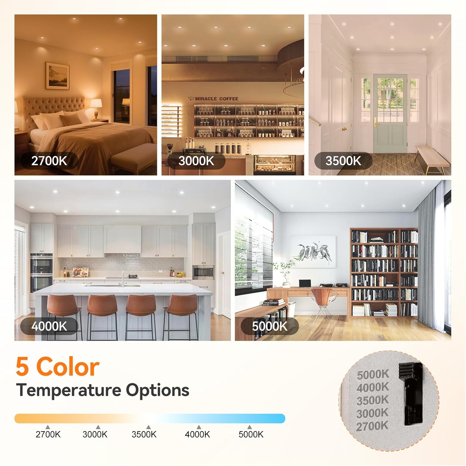 24-Pack 3 Inch Anti-Glare Recessed LED Downlight with Night Light, Deep Baffle Design, Dimmable, 2700K-5000K 5CCT Selectable, with Junction Box, Canless, 680lm, ETL Listed, White
