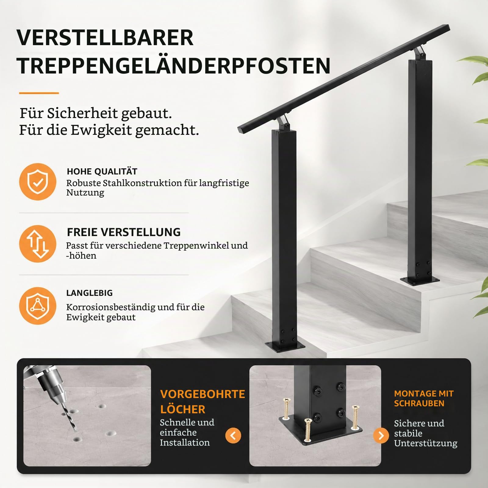 Treppengeländer Außen, Handlauf Schwarz, Winkelverstellbar, Geländer Treppe, Geländer außen, Metall Treppengeländer für Treppen Brüstung Balkon Veranda (Vertical mounting)