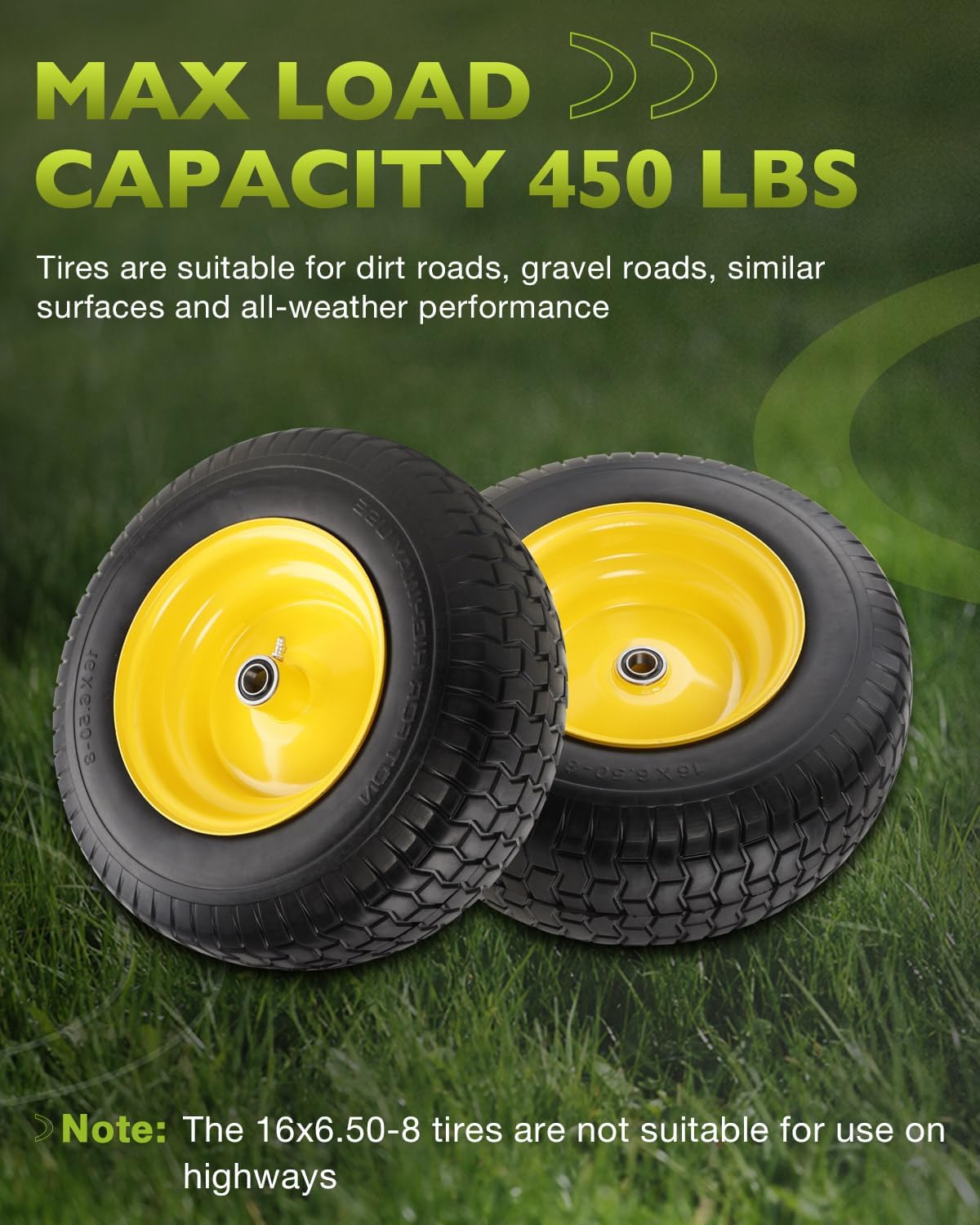 16x6.50-8 Flat Free Tire and Wheel Assembly, 3/4-Inch Bearing with Extra 1-Inch Bearings, 3-Inch Offset Hub, Includes Bushings & Washers, for Riding Lawn Mower Garden Tractor 2 Pack