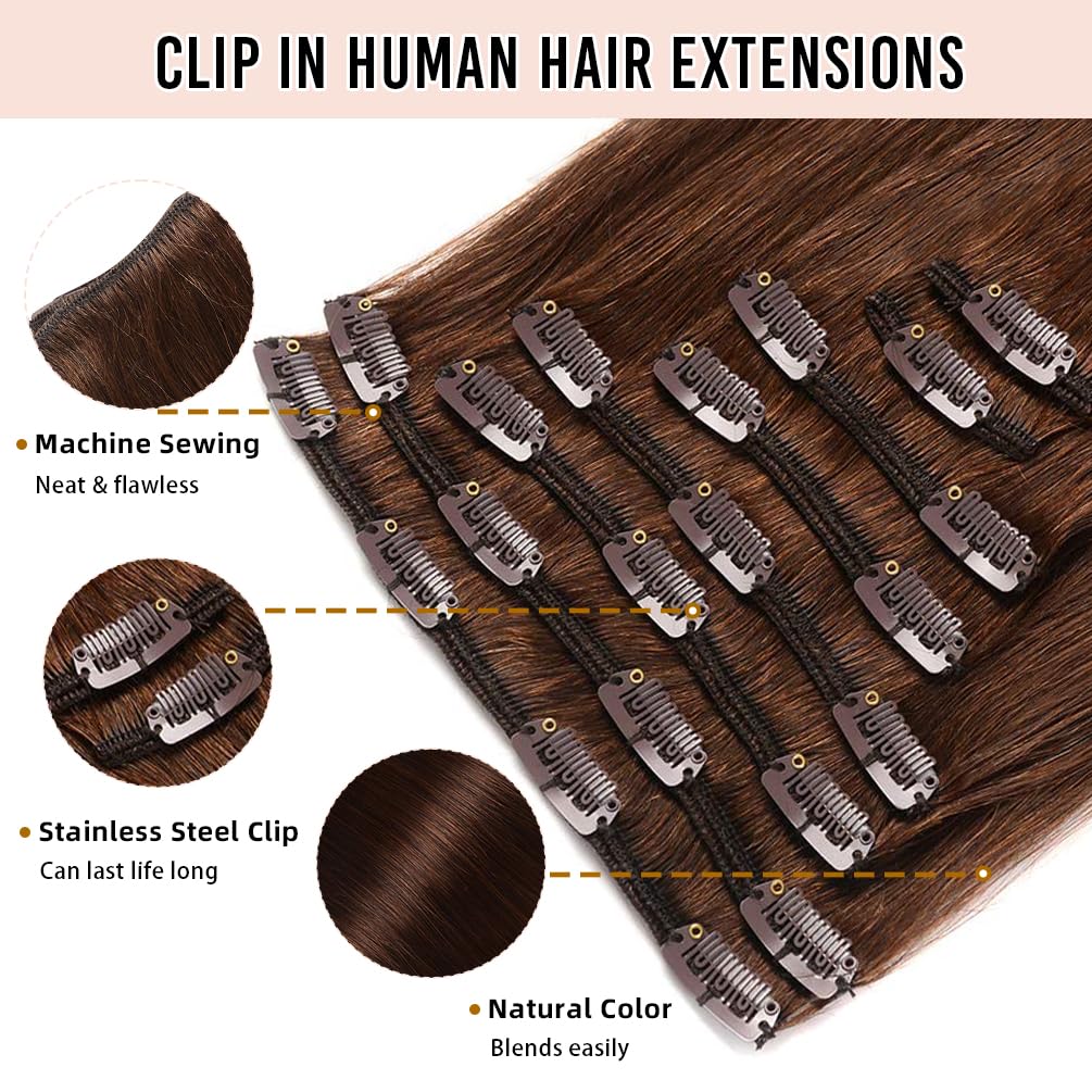 Clip in Extensions 12 Inch 82g Real Human Hair Clips for Women 8 Pieces Remy Hair Extensions Clip Ins Medium Brown