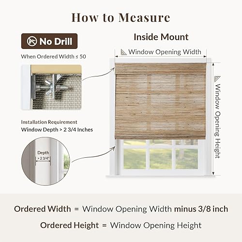 Vista 4 de TWOPAGES Persiana romana de ramio inalámbrico para ventanas de cocina, interiores, sin taladro, filtro de luz romana, hecha a medida, 1 unidad, nuez