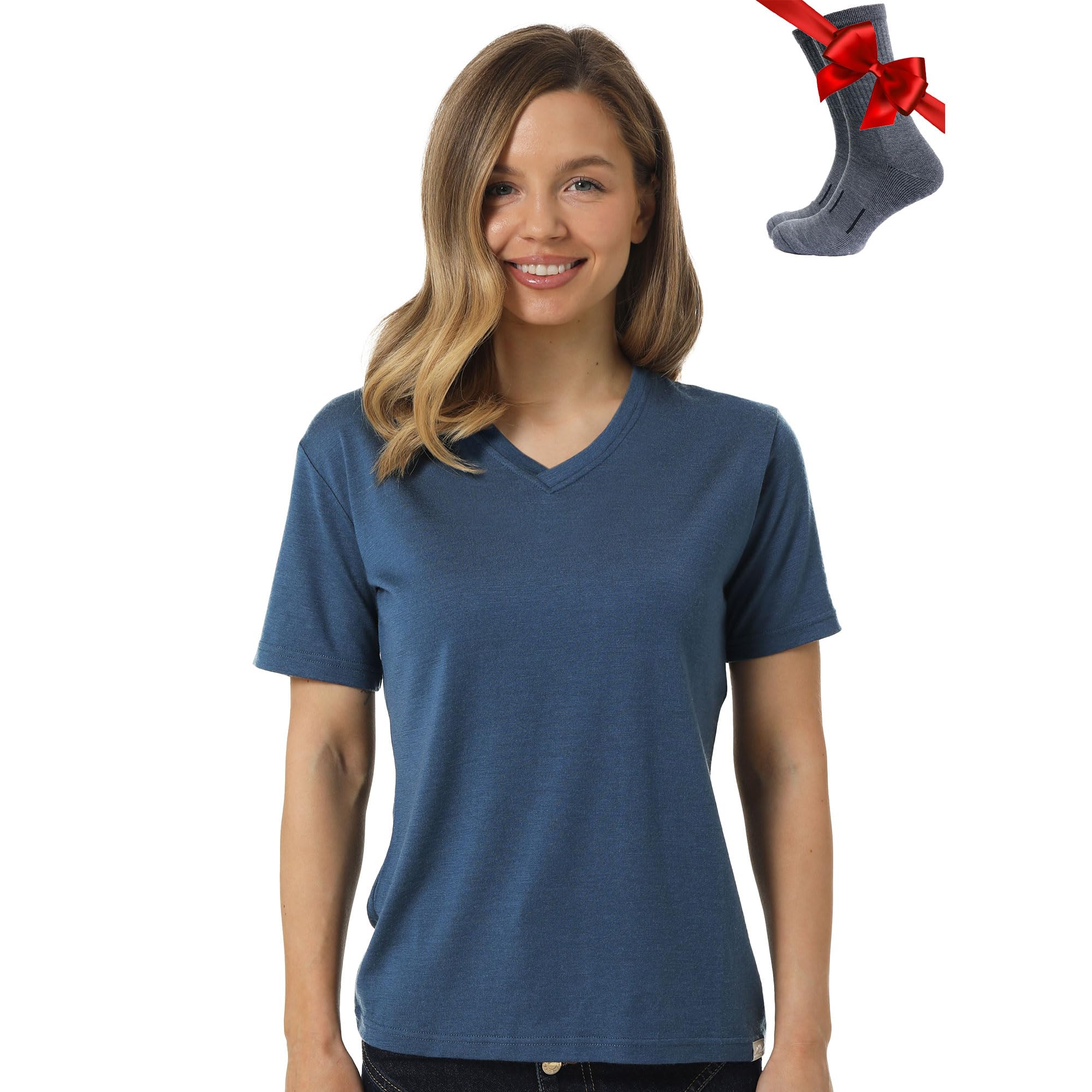 Merino.tech T Shirt Merinos Femme - Laine Merinos Chemise Femme + Chaussettes de randonnée en Laine Mérinos (X-Large, Denim V-Neck)