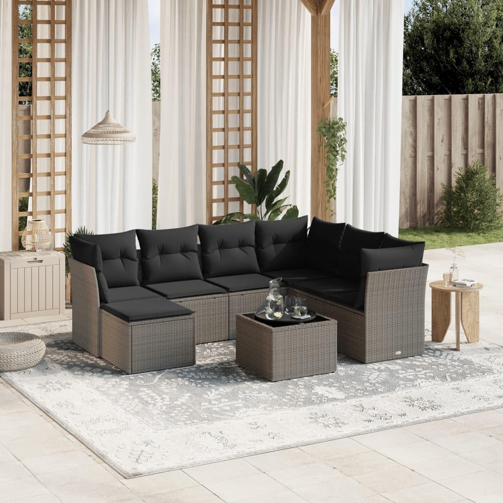 Juego de sofás de jardín con cojines de ratán de polirratán gris claro, diseño modular con fundas extraíbles y tablero de cristal para terraza, ratán de polietileno duradero y marco de acero,