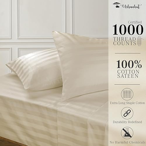 Miniatura 2 de URBANHUT Sábanas de damasco de 1000 hilos tamaño matrimonial de damasco de 1000 hilos, sábana de 4 piezas a rayas, tejido satinado de hotel de lujo,