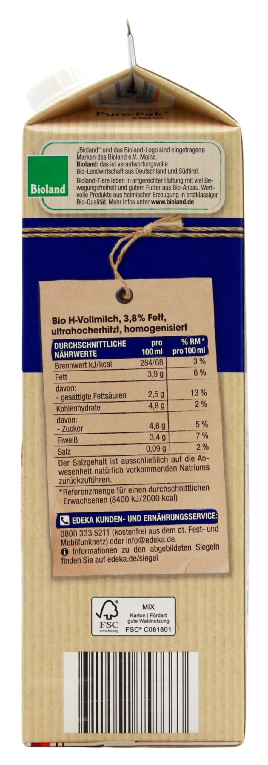 Edeka Bio H-Vollmilch 3,8% Fett, 10er Pack (10 x 1 l)