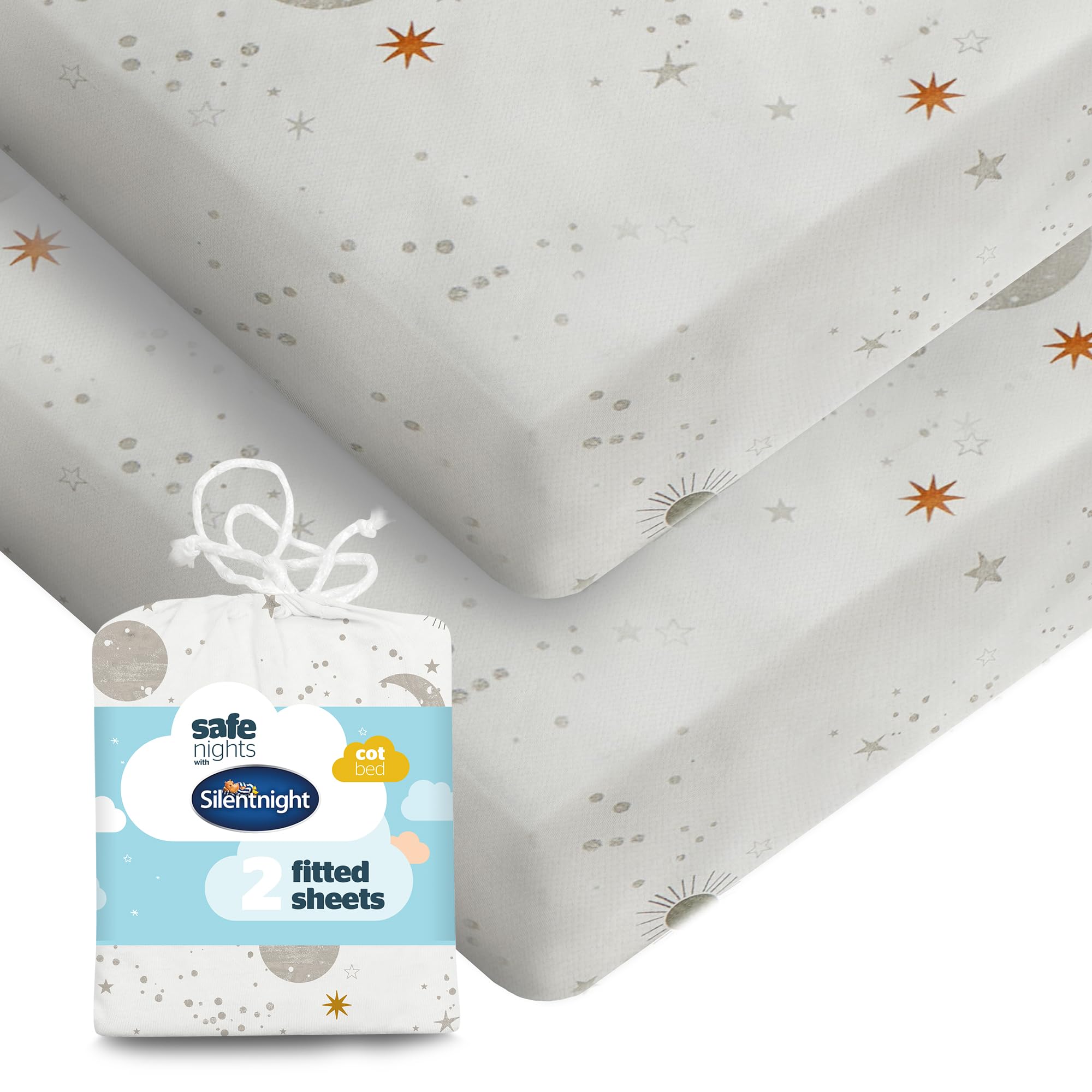 Silentnight Safe Nights Fitted Sheet - Cot Bed Mattress - Breathable 100% Cotton Jersey - Super Soft Kind to Baby Skin - 140x70cm - Secure Fit with Elasticated Corners - 2 Pack, Celestial