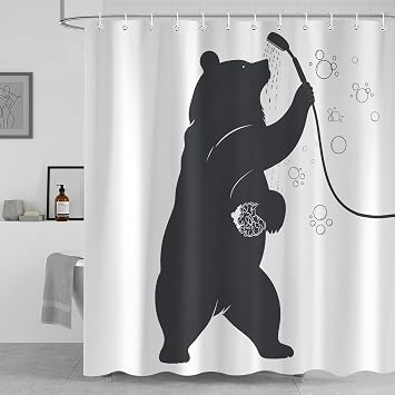 Funny Bear Shower Curtain, Minimalist Silhouette Art Black White Shower Curtains Decor for Bathroom Set, Washable Fabric Cloth Waterproof with 12 Hooks, 72x72 Inch