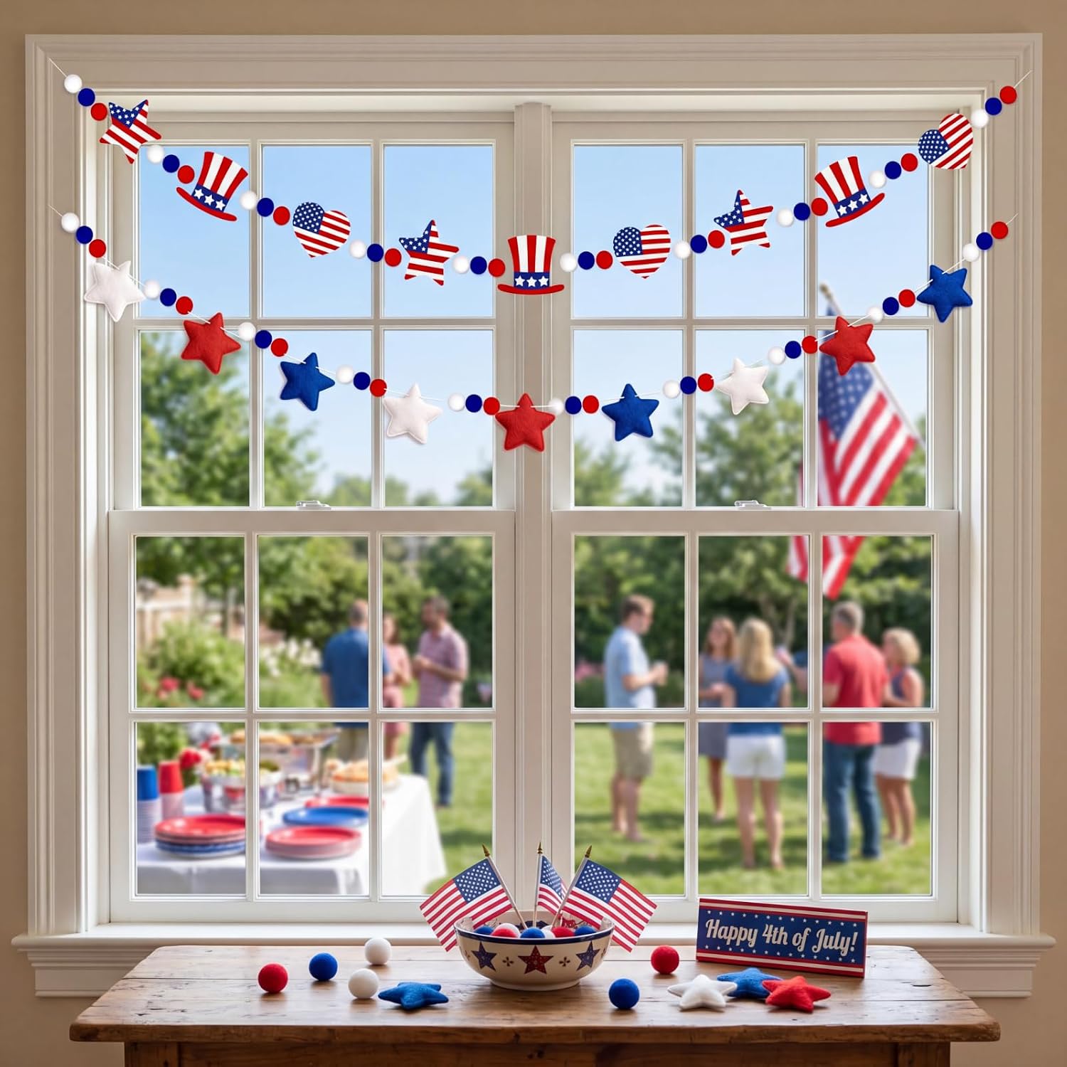 Jecery 2 Pcs 4th of July Felt Garlands Star Garland Patriotic 250th Anniversary 78 in Red White and Blue Pom Pom Ball Banner Independence Day Party Hanging Decor Supply for Fireplace Mantel Fireplace