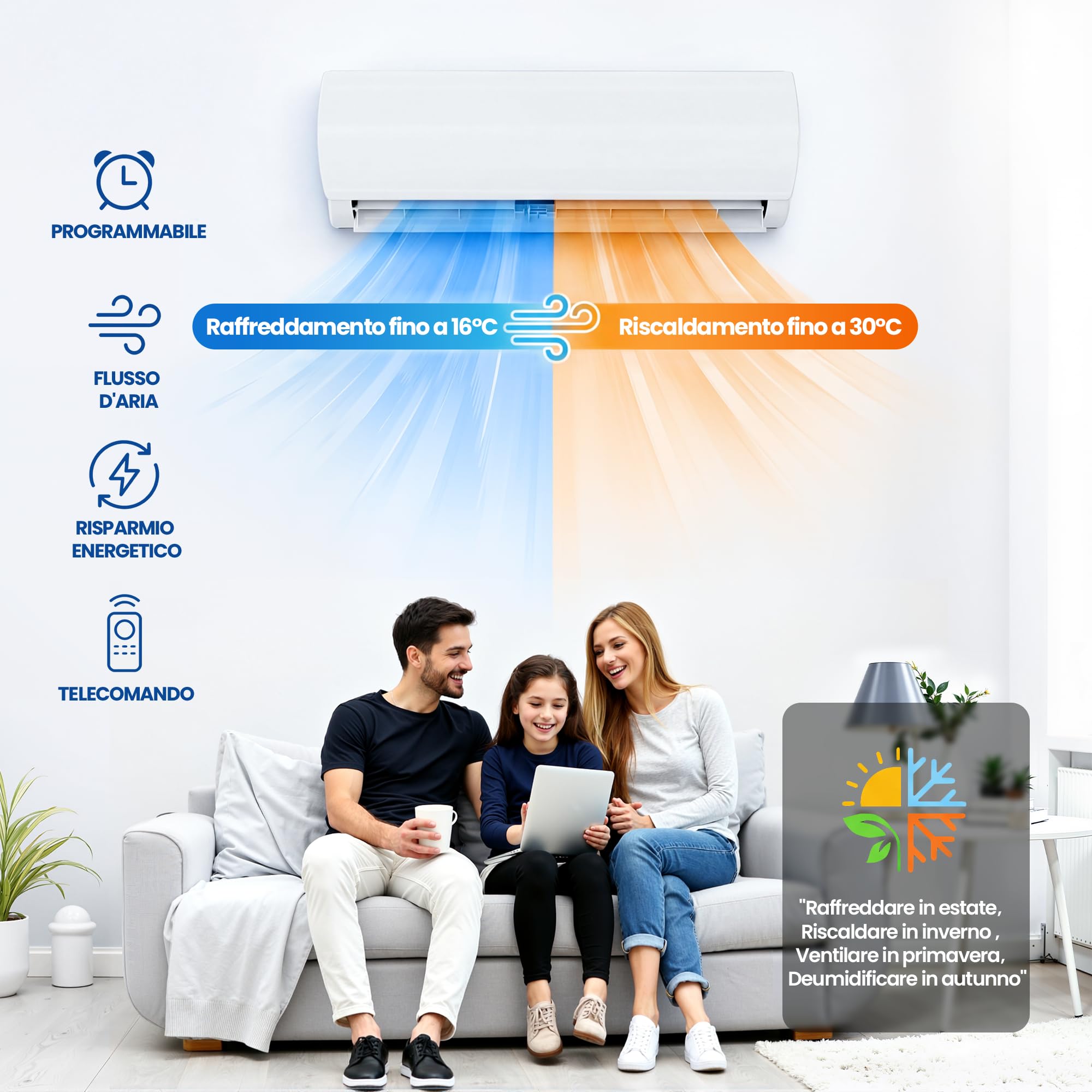 TRIUMPHKEY climatizzatore Split 12000 BTU / 3,4 kW con 2 Tubi in Rame da 3 m, Climatizzatore Inverter con Riscaldamento, Classe A++, fino a 45 m², R32, Telecomando e Kit di Montaggio