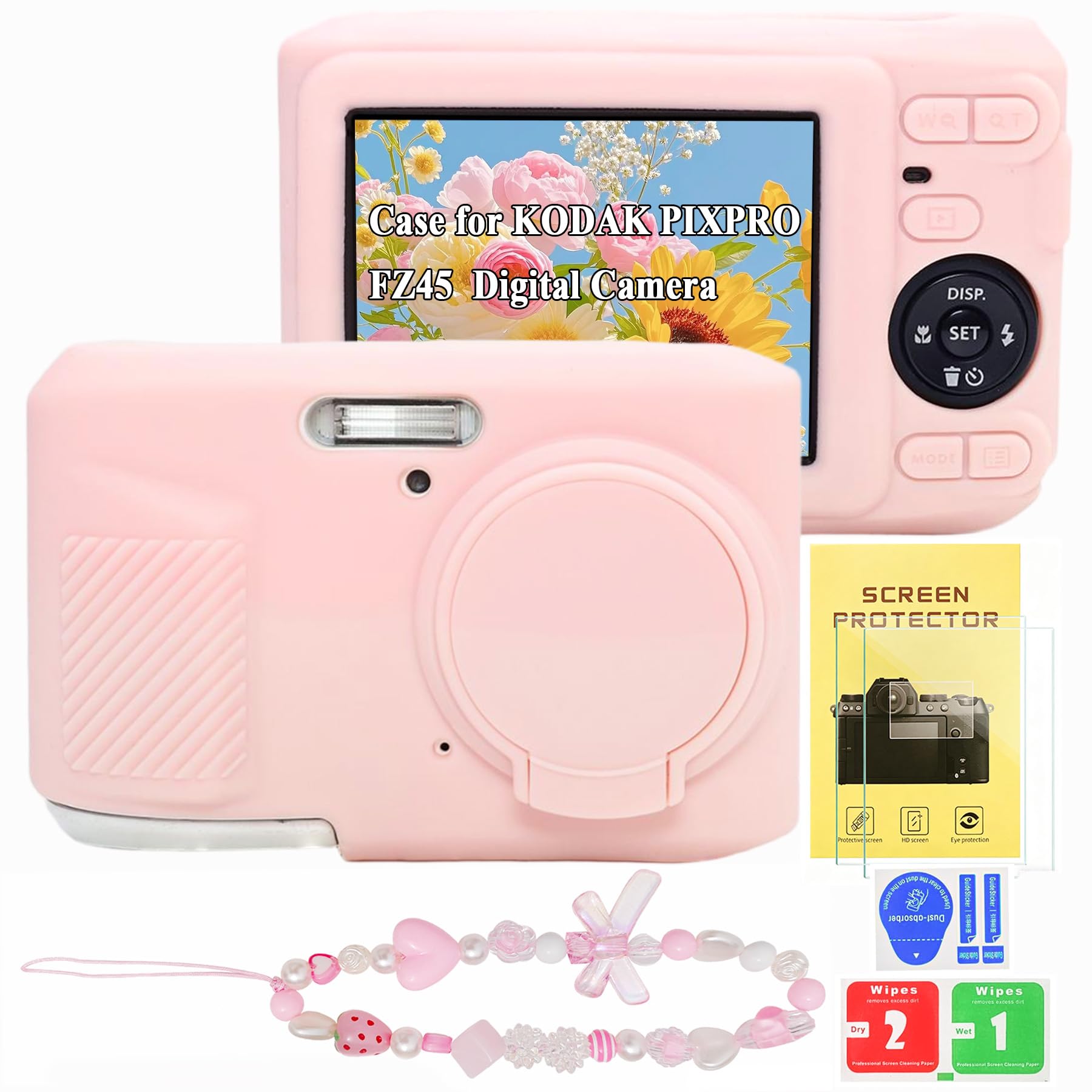 Case for Kodak PIXPRO FZ45, Soft Silicone Digital Camera Case with Charm Wrist Strap and Screen Protector, Lightweight Protector Case with Lens Cover for Kodak PIXPRO FZ45 Accessories (PINK)