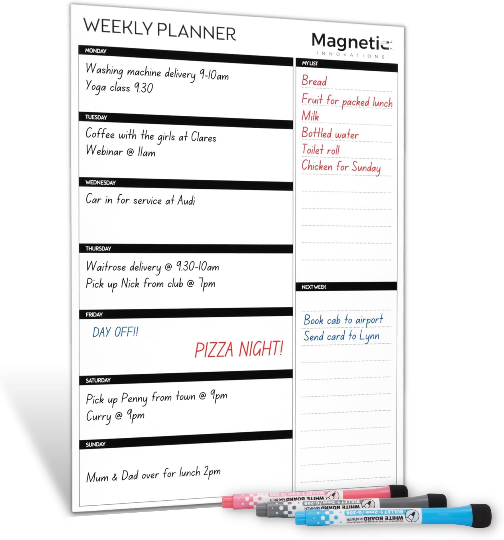 A3 Magnetic Weekly Planner Fridge Whiteboard, Family Meal Planner and Shopping List - Memo Board for Appointments and Reminders
