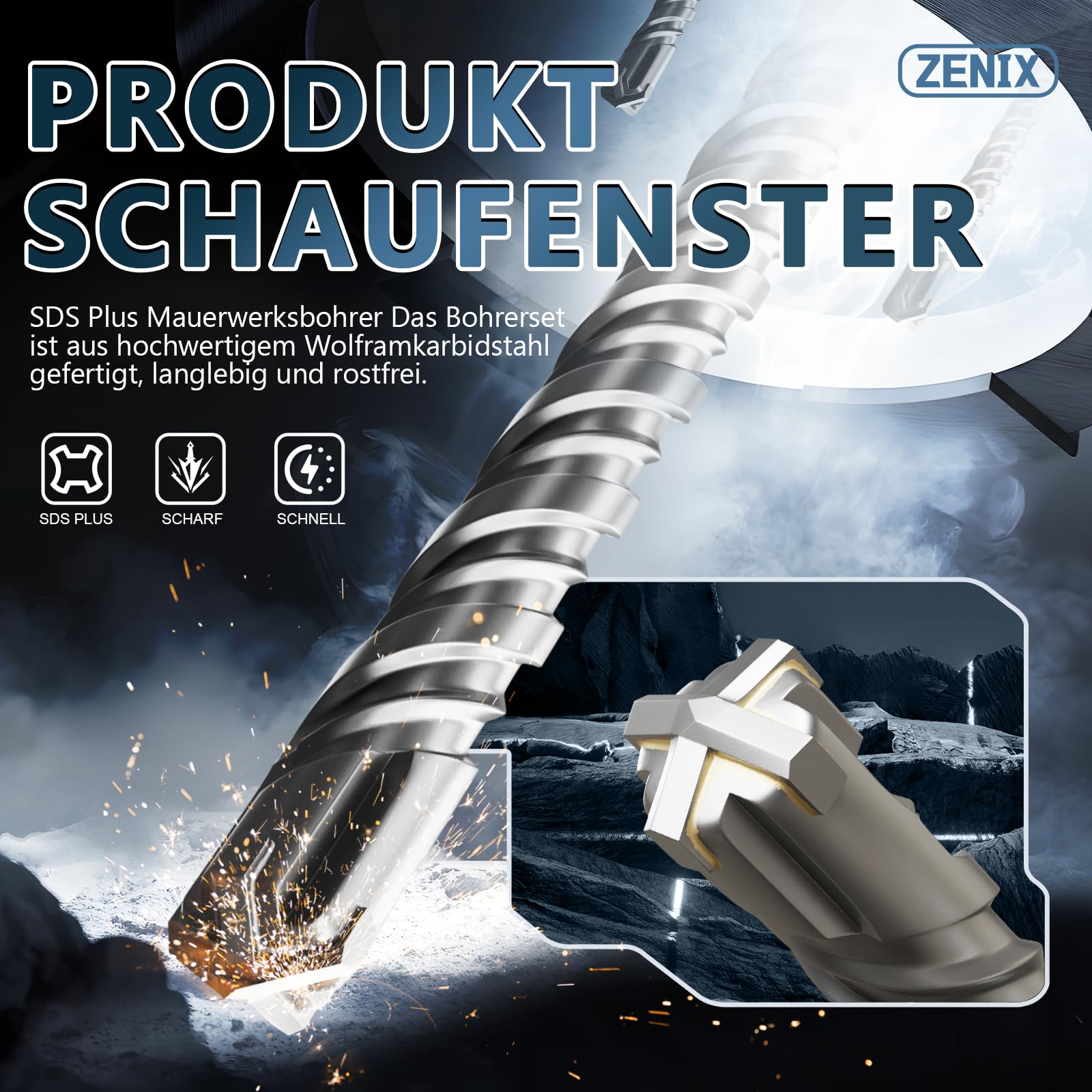 ZENIX SDS Plus 14 x 310 mm - Punta professionale per calcestruzzo con 4 taglienti - Ideale per pietra, pietra naturale, muro di mattoni e cemento armato