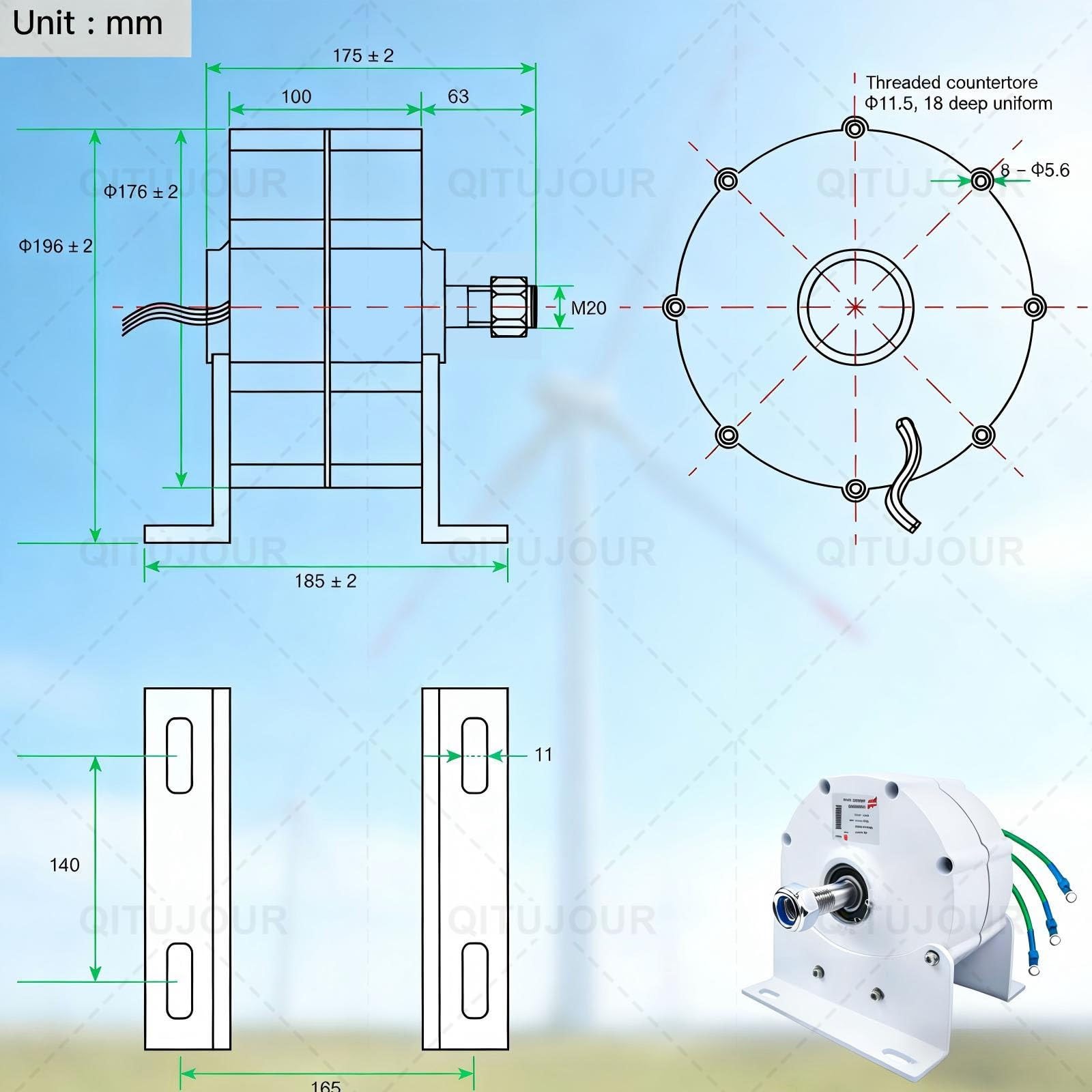 Generatore a magneti permanenti a basso numero di giri 48 V, 6000 W 8000 W 10000 W 12000 W, alternatore CA senza ingranaggi trifase per turbine eoliche con raddrizzatore e base