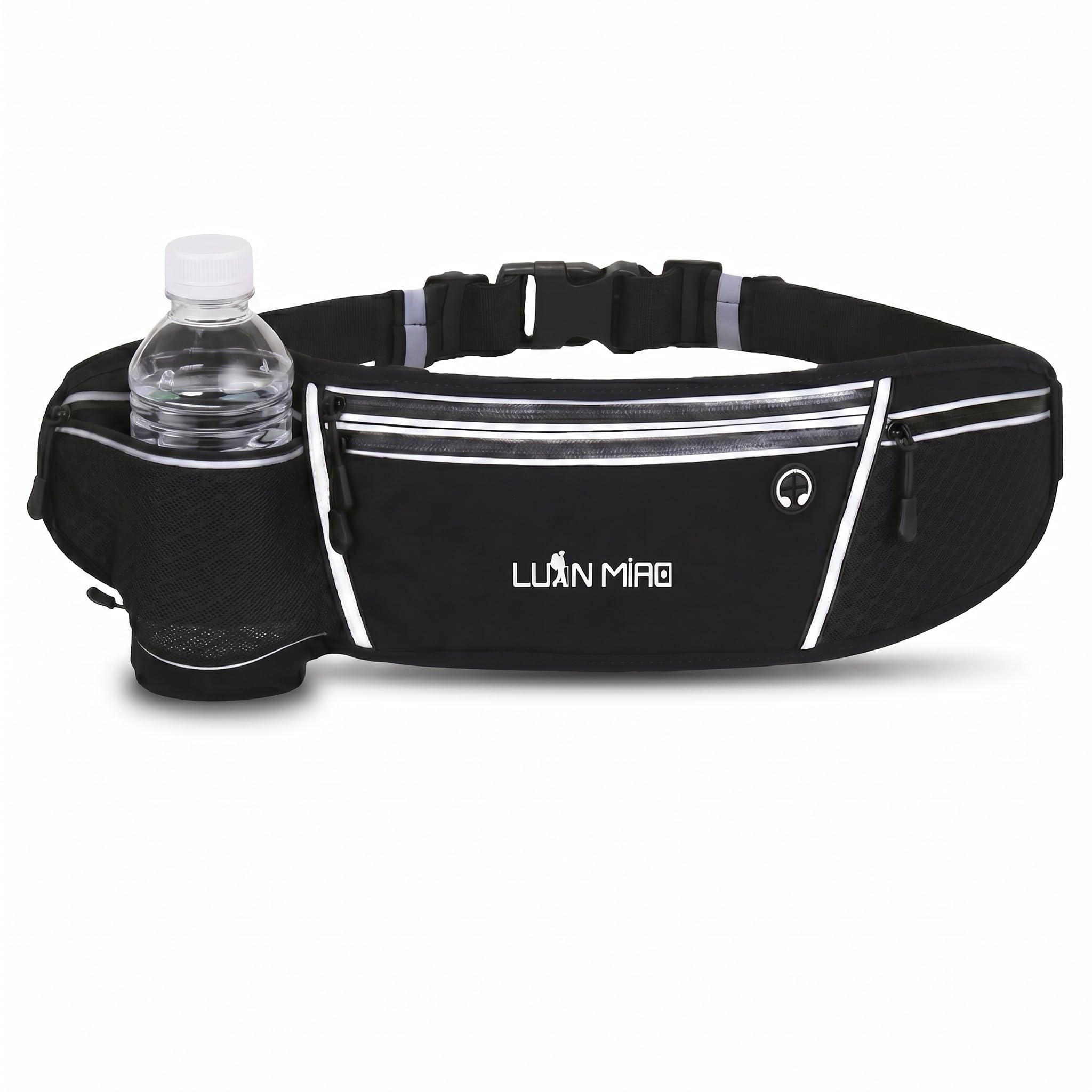 Running Belt with Water Bottle, Hydration Waist Pack for Men Women, 4 Pocket Large Capacity Fanny Pack Fits 7 Inch Phones, Adjustable Running Belt for Hiking, Trekking, Walking, Climbing (No Bottle)