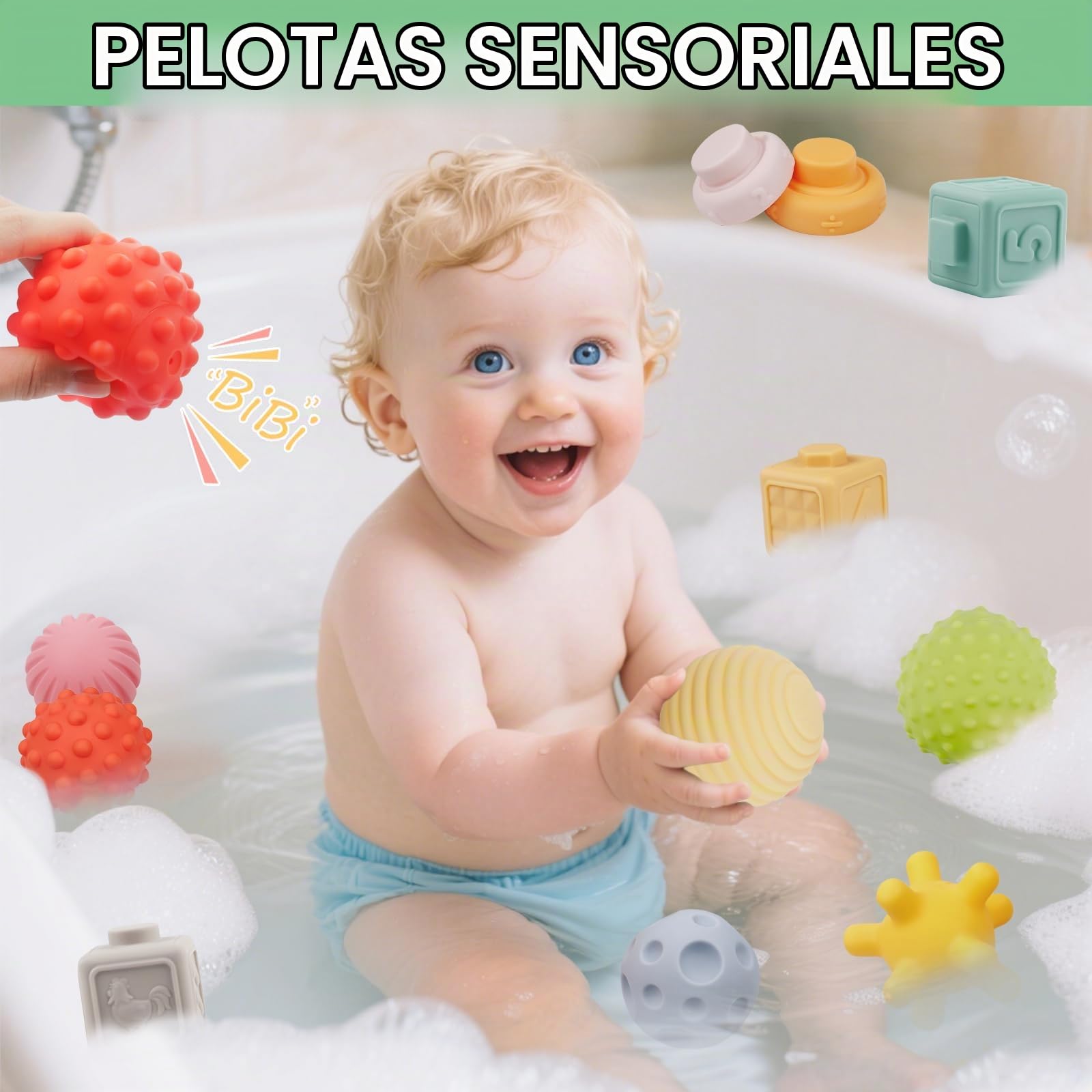 Plunack Montessori Juguetes para Bebés, 24 Piezas Bloques de Construcción Suaves Bolas Sensoriales Mordedores Anillo Juego para apretar y Aprendizaje Educativo Temprano de Juguete para 18+Meses