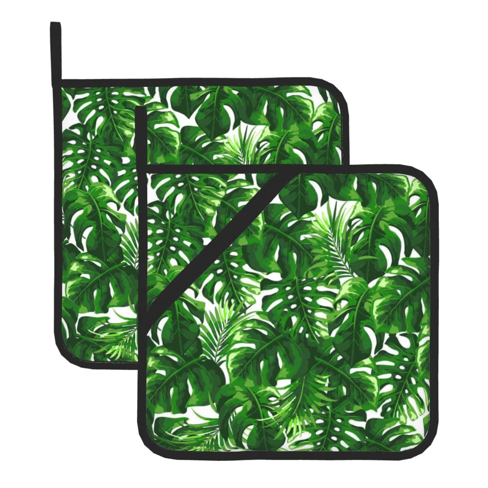Monstera Deliciosa Banana Palm Heat Resistant Pot Holders Set of 2 Non-slip Hot Pads with Hanging Loop for Kitchen Cooking Baking BBQ