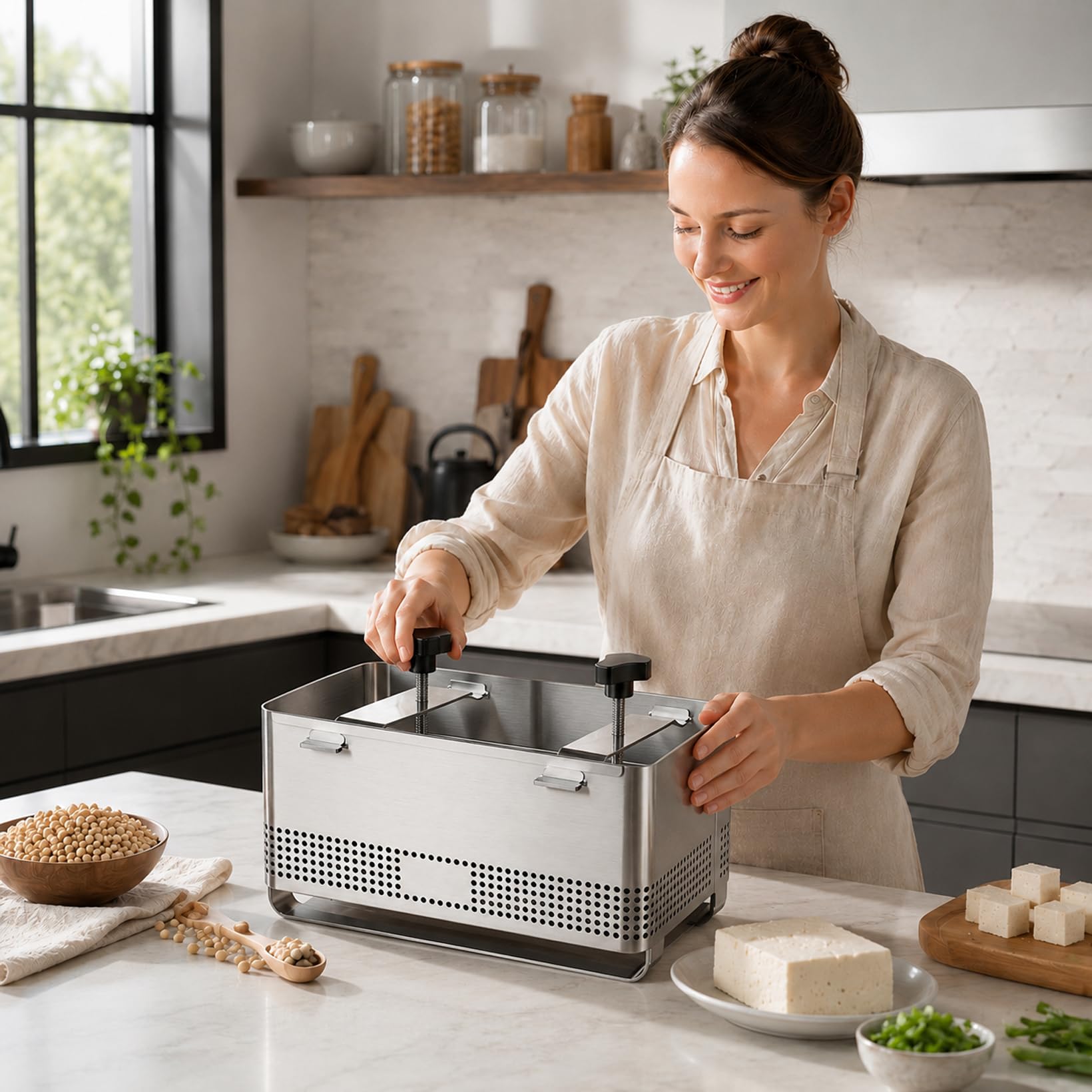 Tofupresse 304 Edelstahl, Tofupresse mit Käsetuch und Abtropfschale | 2kg Paneer Maker für Hausgemachten Tofu Paneer Käse(22x14x12cm)