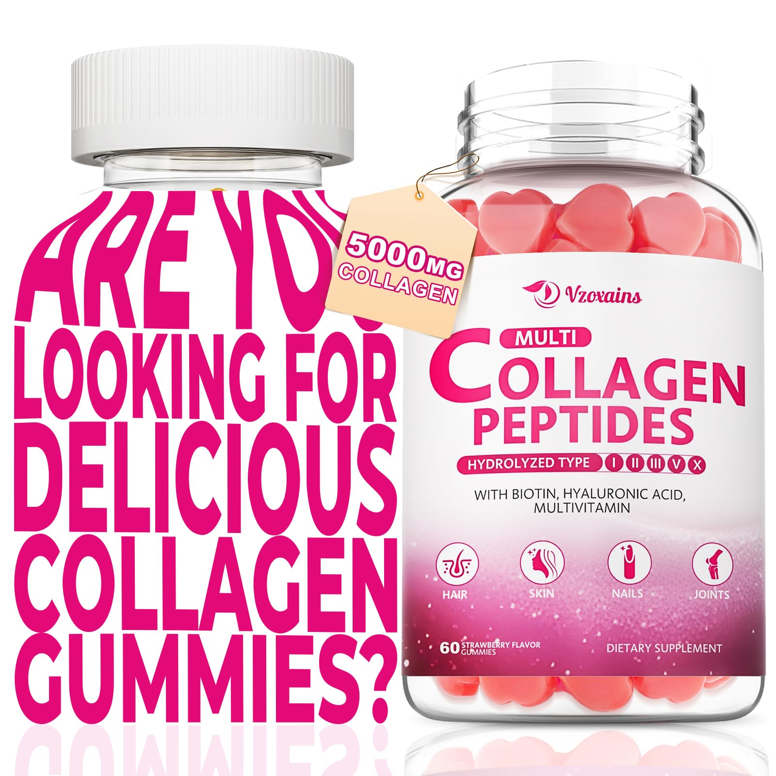 Collagen Peptides Gummies, Collagen Gummies for Women & Men, Type I,II,III,V,X Protein with Biotin, Hyaluronic Acid, Vitamin C for Healthy Skin | Strawberry Flavored, Sugar Free, 120 Cts 60 Count (Pack of 2)