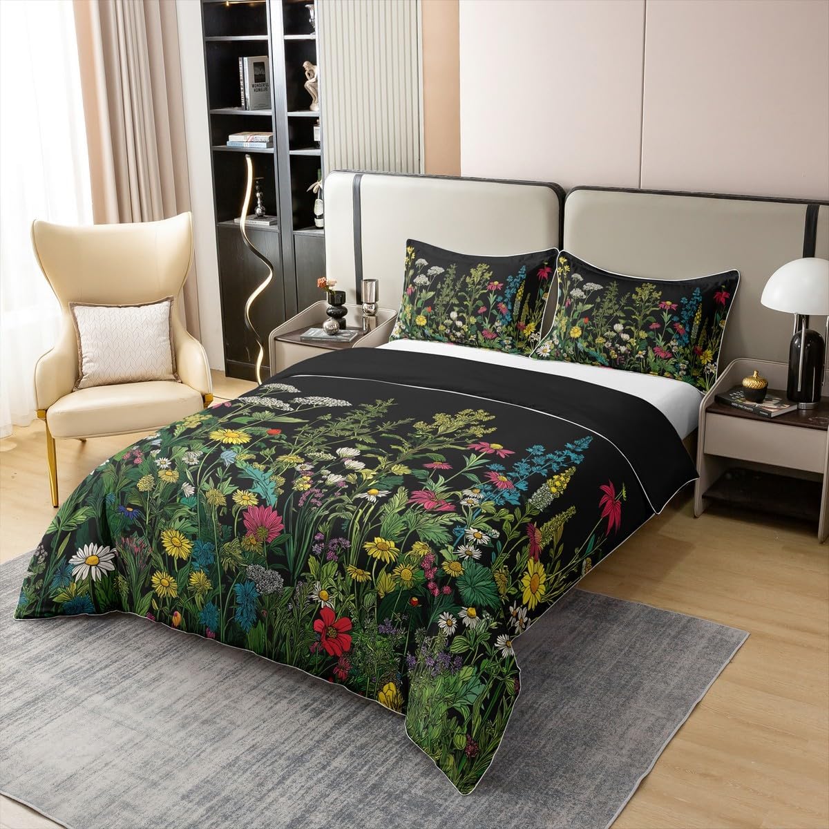 Erosebridal Boho Wildflower 100% Cotton Duvet Cover Queen Cute Spring Garden Floral Bedding Set For Kids Boys Girls Adults Retro Green Plants Botanical Comforter Cover Yellow White Daisy Bed Set 3 Pcs