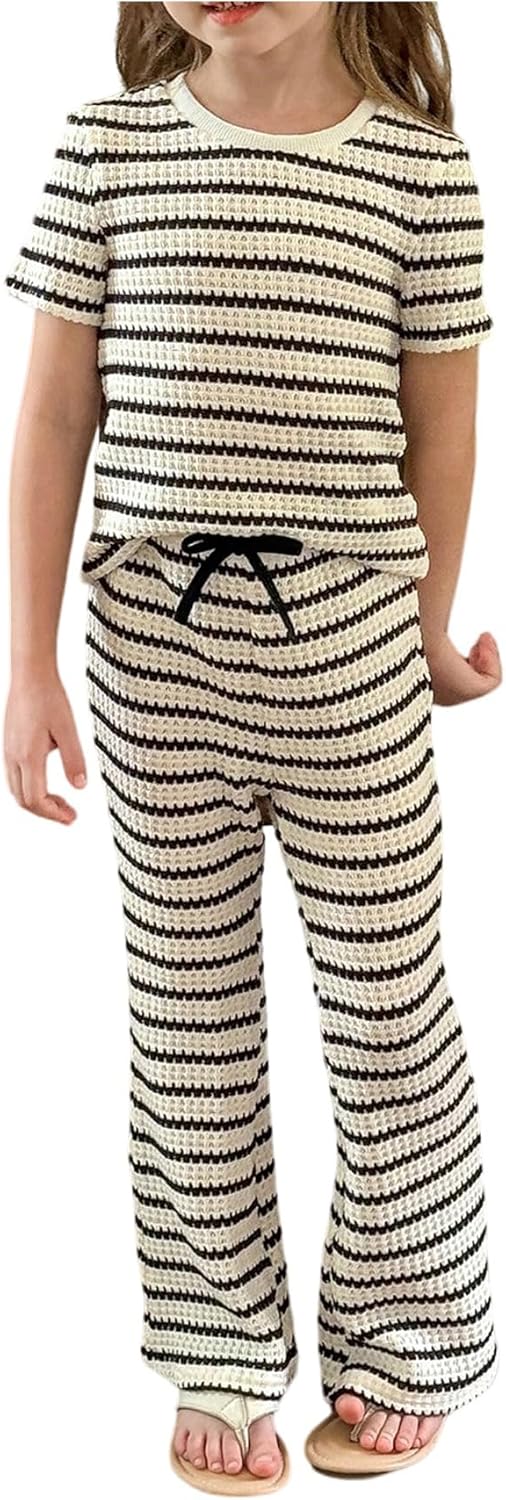 Verdusa Girl's 2 Piece Striped Outfits Knitted Short Sleeve Tops with Flared Pants Comfy Sets