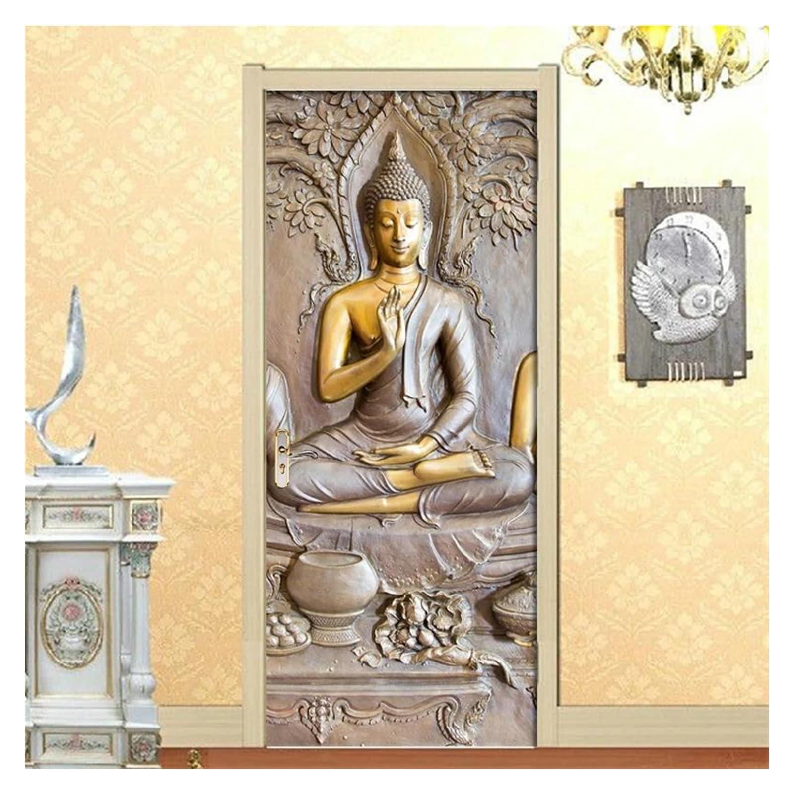 Autocollant de porte statue dorée 3D sticker mural imperméable chambre salon