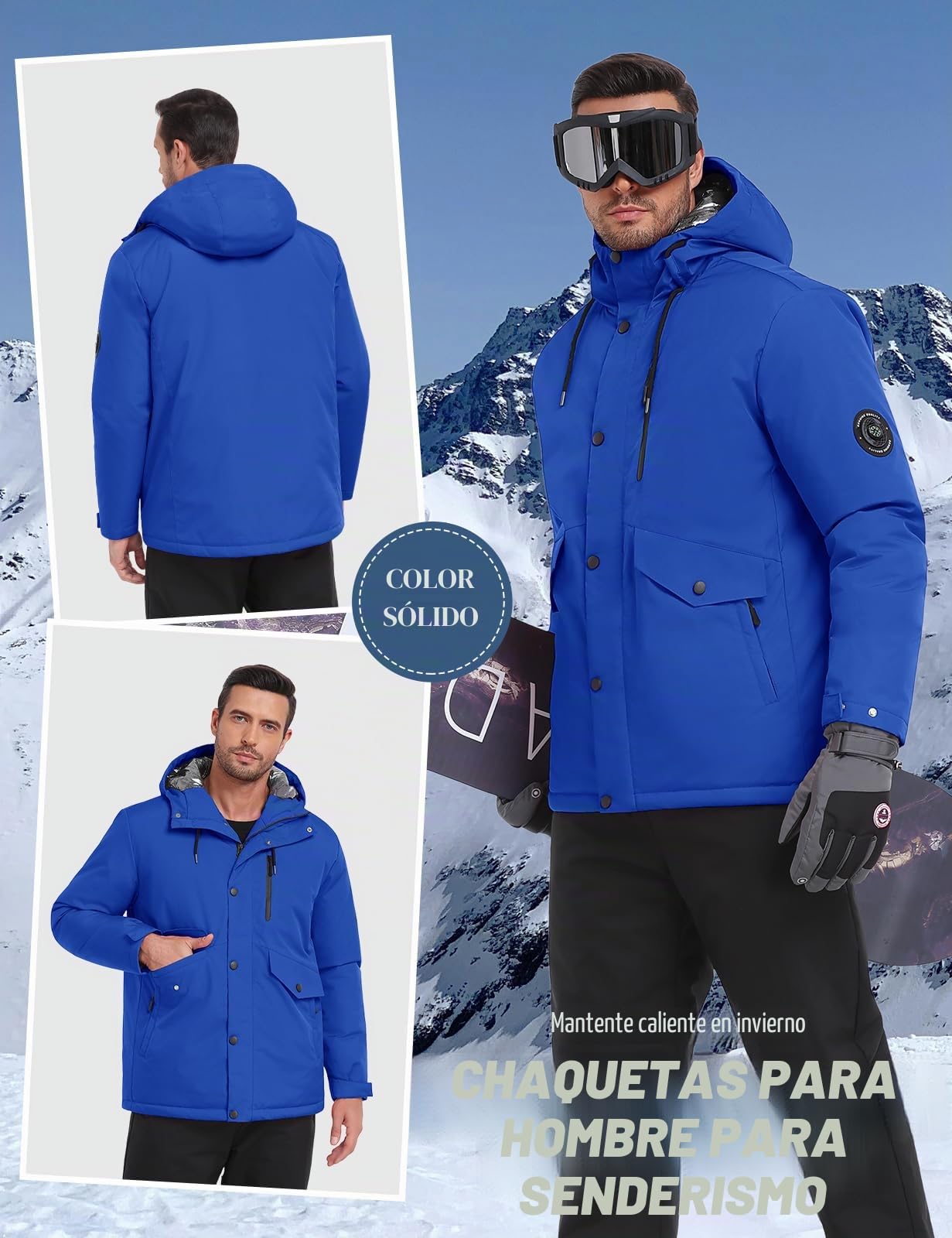 TOMEEK Chaqueta Hombre Invierno Esquí Impermeable Cazadora Abrigo de Invierno Abrigado Cortavientos con Capucha y Brújula Medición de Temperatura Incluida