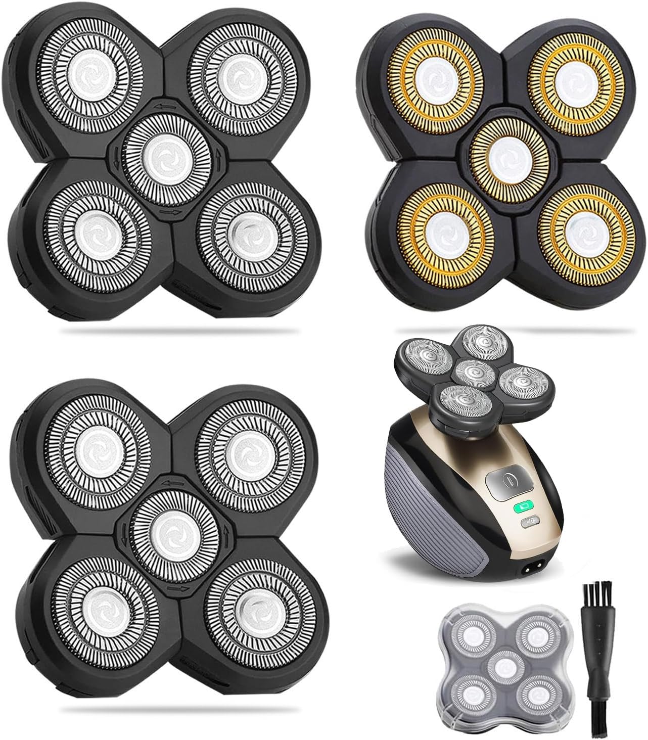 WAHFOX Universal 3 Pcs 5 Blades Shaver Heads for Head shaver and Other Brands Head Shaver, Black+gold