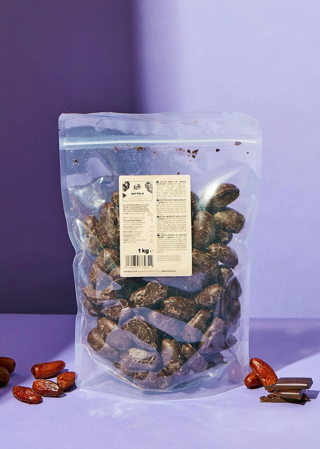 KoRo - Datteri ricoperti di cioccolato fondente 1 kg - al cioccolato - per snack, merende o colazioni - confezione convenienza