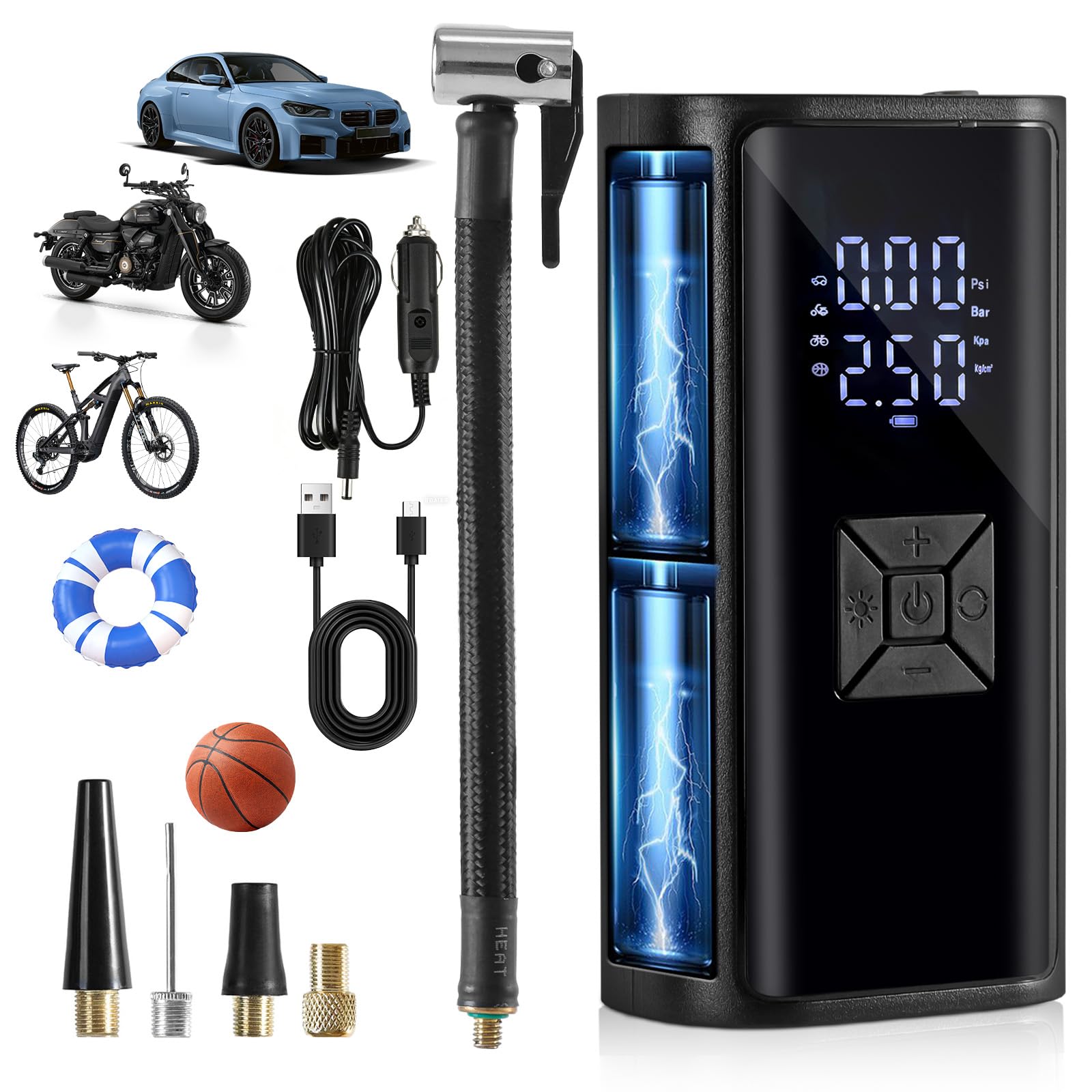 Tire Inflator Portable Air Compressor with LED Light, POLEDY Electric Bicycle Pump, Cordless Inflator Portable with Digital Gauge, Auto Shut Off,