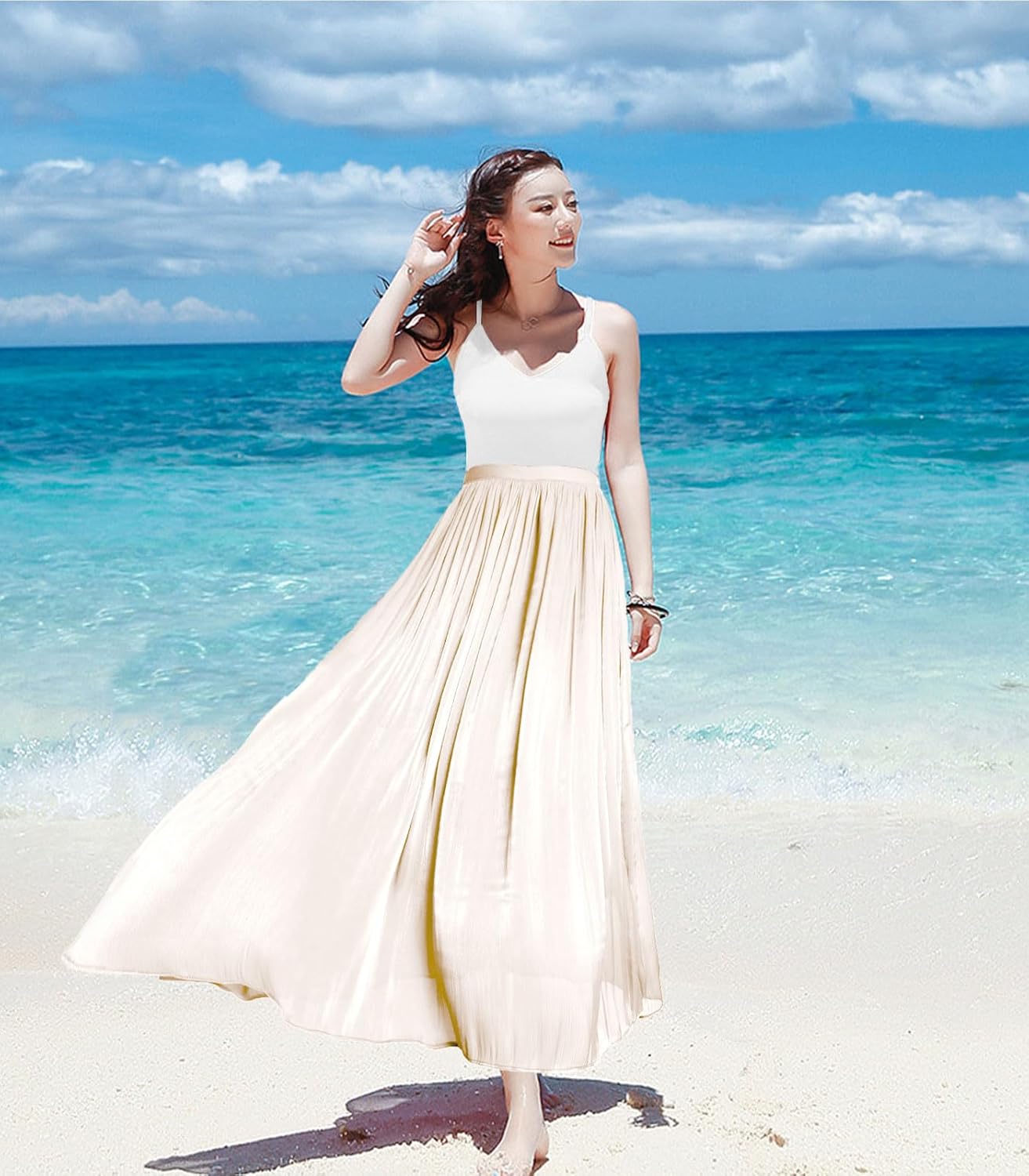 Women's Metallic Shiny Maxi Skirts Lightweight Silky Flowy Skirt for Summer Beach Holiday - Image 2